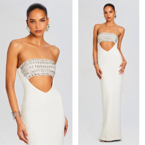 Retrofete Swan Crystal Embellished Cutout Strapless White Maxi Dress Size Large - Picture 2 of 10
